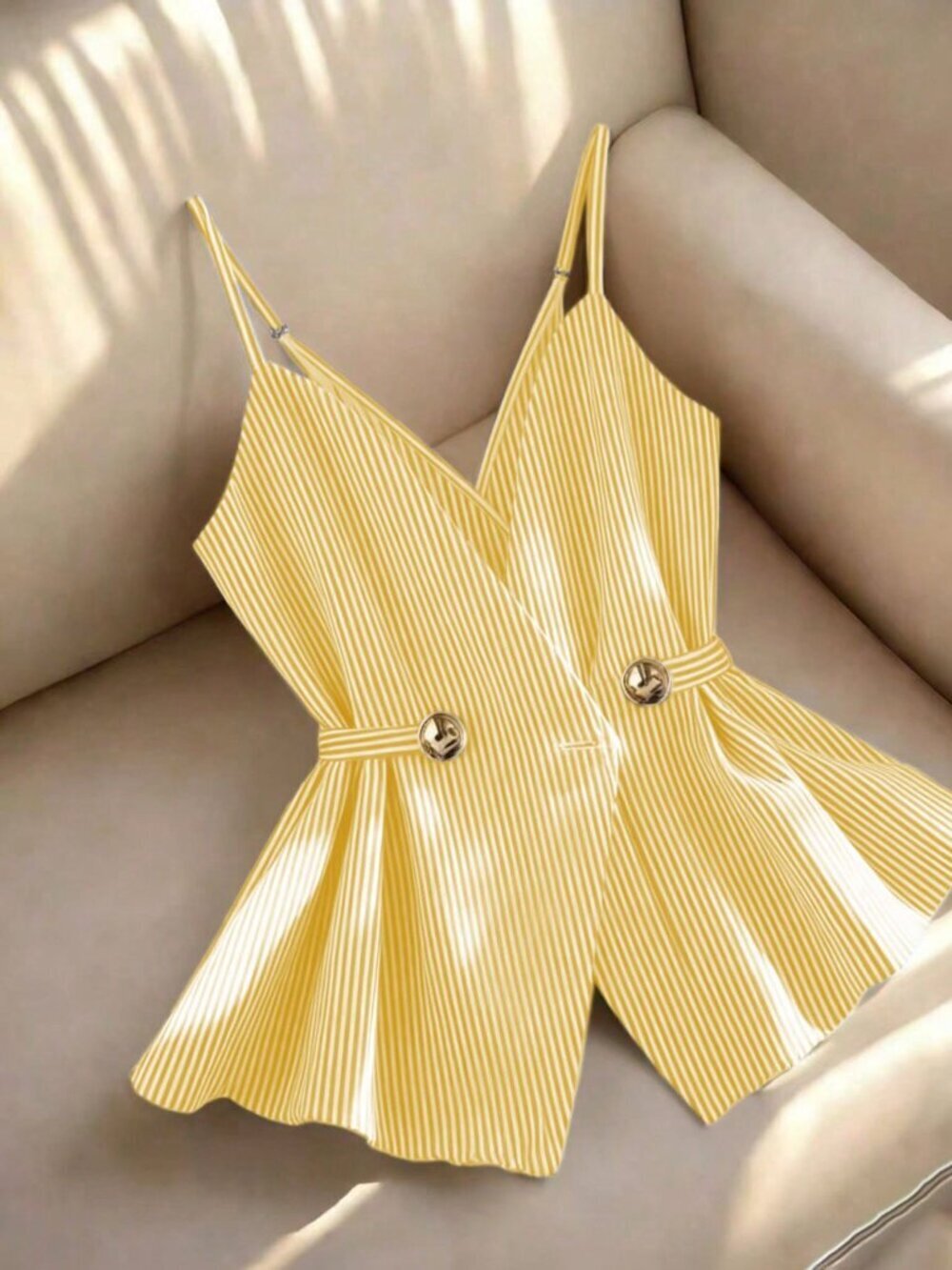 Yellow Casual Women's Striped Button Decor Camisole